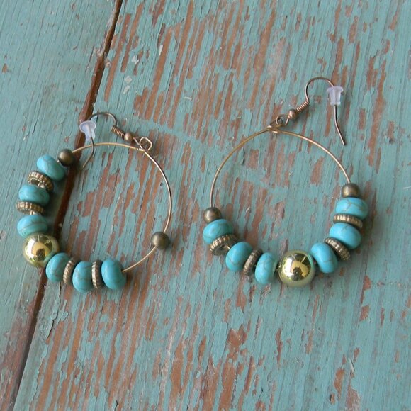 WM'S GOLD/BRONZE TURQUOISE BEADED HOOP EARRINGS - Picture 1 of 3